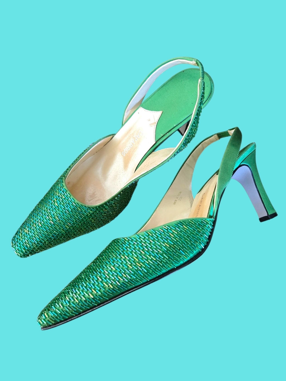 VINTAGE Caparros Green Woven Slingback Heels